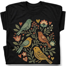 SF_COLOR=black; SF_ITEM=adult-t-shirt; SF_ROLE=gallery; Folk Art Birds Flowers Hearts Vintage Style T-Shirt Bird Lover Botanical Tee - Black Adult T-Shirt product image