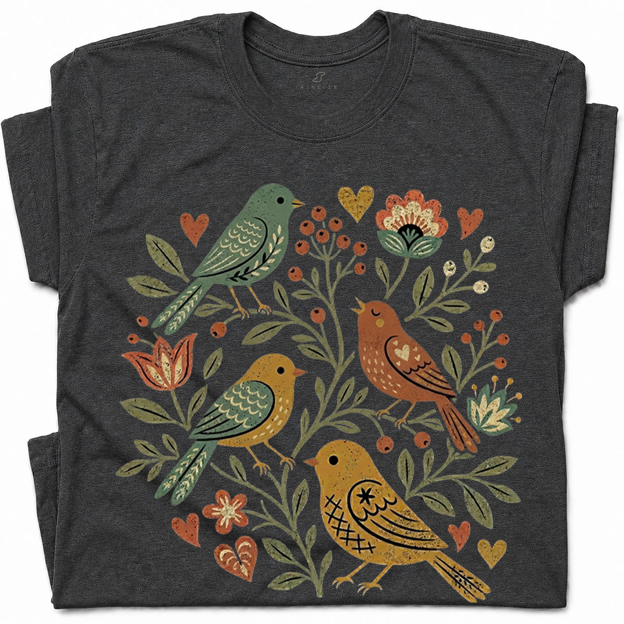 SF_COLOR=dark-heather; SF_ITEM=adult-t-shirt; SF_ROLE=gallery; Folk Art Birds Flowers Hearts Vintage Style T-Shirt Bird Lover Botanical Tee - Dark Heather Adult T-Shirt product image