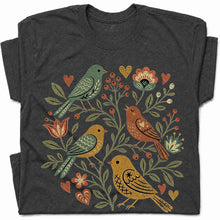 SF_COLOR=dark-heather; SF_ITEM=adult-t-shirt; SF_ROLE=gallery; Folk Art Birds Flowers Hearts Vintage Style T-Shirt Bird Lover Botanical Tee - Dark Heather Adult T-Shirt product image