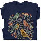 SF_COLOR=navy; SF_ITEM=adult-t-shirt; SF_ROLE=gallery; Folk Art Birds Flowers Hearts Vintage Style T-Shirt Bird Lover Botanical Tee - Navy Adult T-Shirt product image