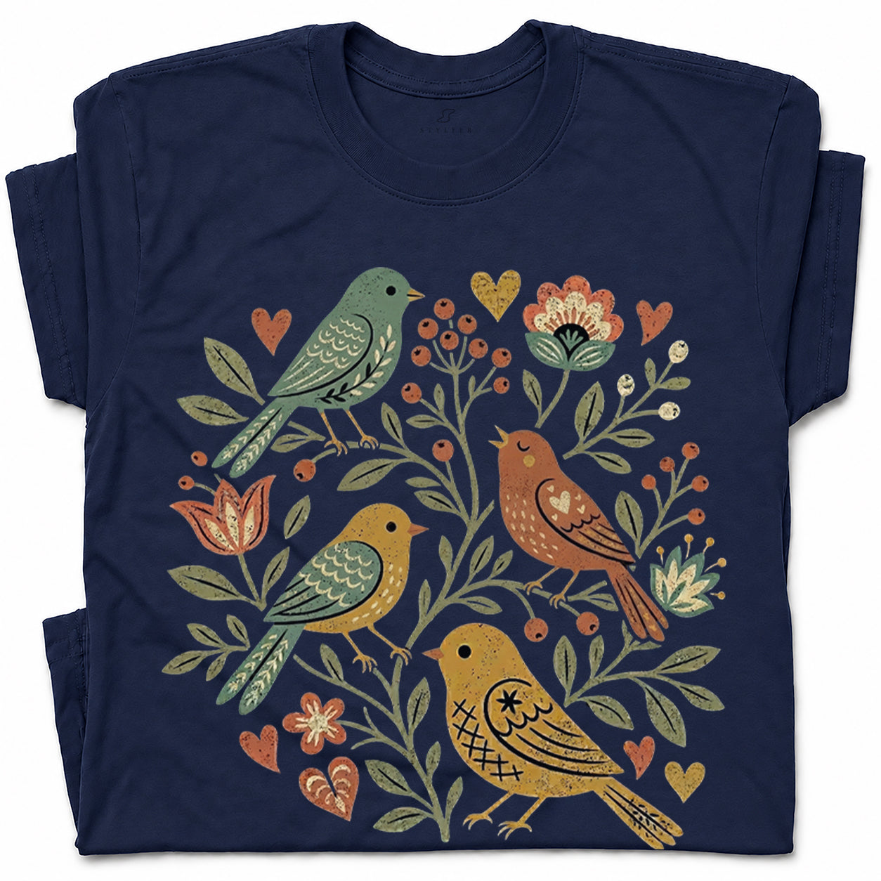 SF_COLOR=navy; SF_ITEM=adult-t-shirt; SF_ROLE=gallery; Folk Art Birds Flowers Hearts Vintage Style T-Shirt Bird Lover Botanical Tee - Navy Adult T-Shirt product image