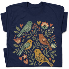 SF_COLOR=navy; SF_ITEM=adult-t-shirt; SF_ROLE=gallery; Folk Art Birds Flowers Hearts Vintage Style T-Shirt Bird Lover Botanical Tee - Navy Adult T-Shirt product image