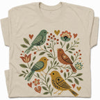 SF_COLOR=sand; SF_ITEM=adult-t-shirt; SF_ROLE=gallery; Folk Art Birds Flowers Hearts Vintage Style T-Shirt Bird Lover Botanical Tee - Sand Adult T-Shirt product image