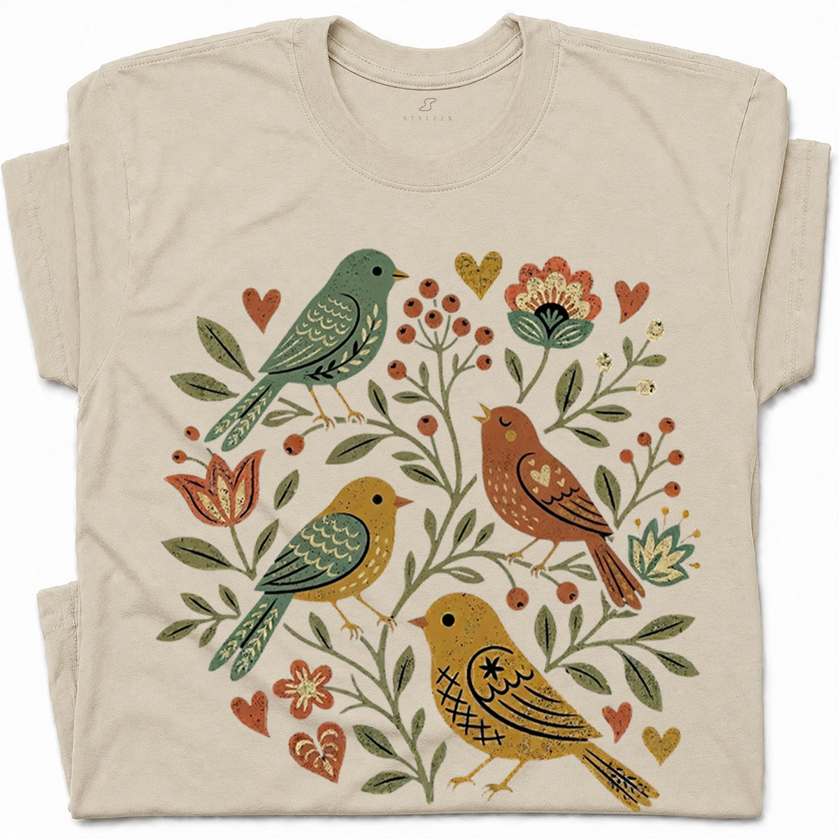 SF_COLOR=sand; SF_ITEM=adult-t-shirt; SF_ROLE=gallery; Folk Art Birds Flowers Hearts Vintage Style T-Shirt Bird Lover Botanical Tee - Sand Adult T-Shirt product image