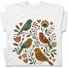 SF_COLOR=white; SF_ITEM=adult-t-shirt; SF_ROLE=gallery; Folk Art Birds Flowers Hearts Vintage Style T-Shirt Bird Lover Botanical Tee - White Adult T-Shirt product image