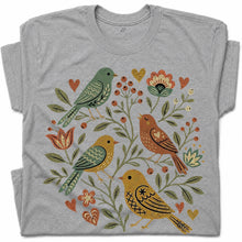 SF_COLOR=sport-grey; SF_ITEM=adult-t-shirt; SF_ROLE=gallery; Folk Art Birds Flowers Hearts Vintage Style T-Shirt Bird Lover Botanical Tee - Sport Grey Adult T-Shirt product image