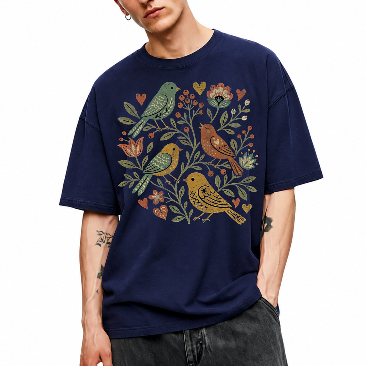SF_COLOR=navy; SF_ITEM=adult-t-shirt; SF_ROLE=main; Folk Art Birds Flowers Hearts Vintage Style T-Shirt Bird Lover Botanical Tee - Navy Adult T-Shirt product image