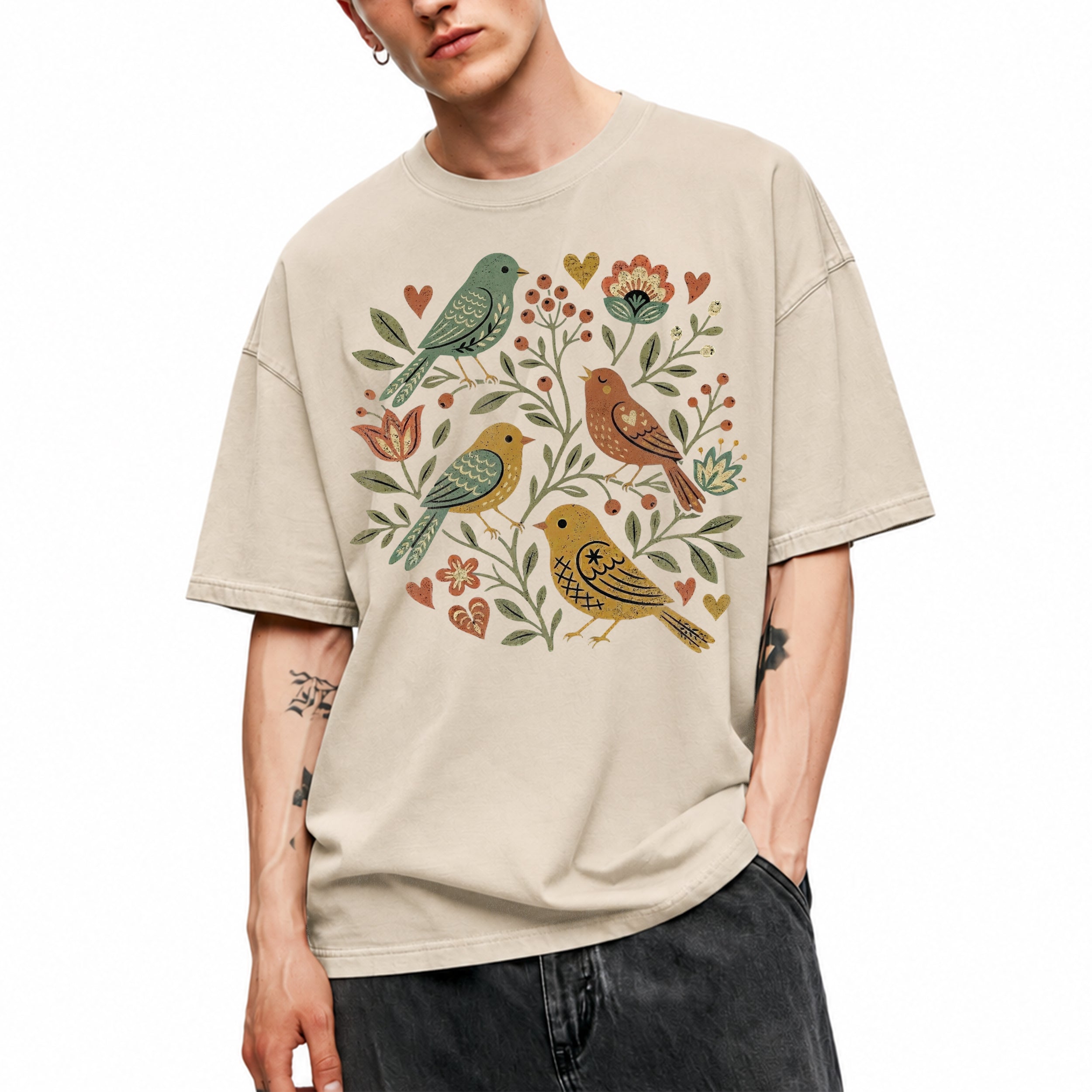 SF_COLOR=sand; SF_ITEM=adult-t-shirt; SF_ROLE=main; Folk Art Birds Flowers Hearts Vintage Style T-Shirt Bird Lover Botanical Tee - Sand Adult T-Shirt product image