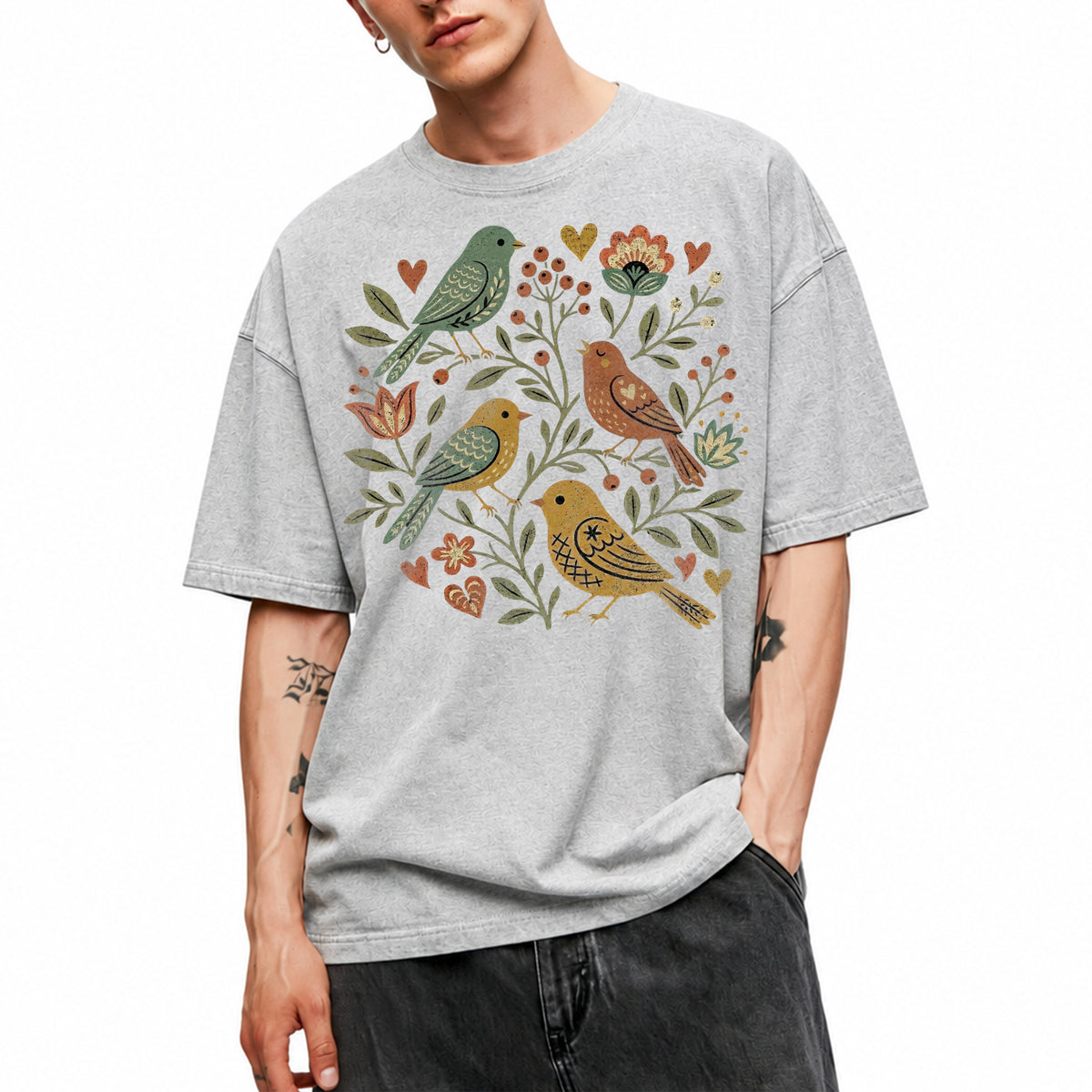 SF_COLOR=sport-grey; SF_ITEM=adult-t-shirt; SF_ROLE=main; Folk Art Birds Flowers Hearts Vintage Style T-Shirt Bird Lover Botanical Tee - Sport Grey Adult T-Shirt product image