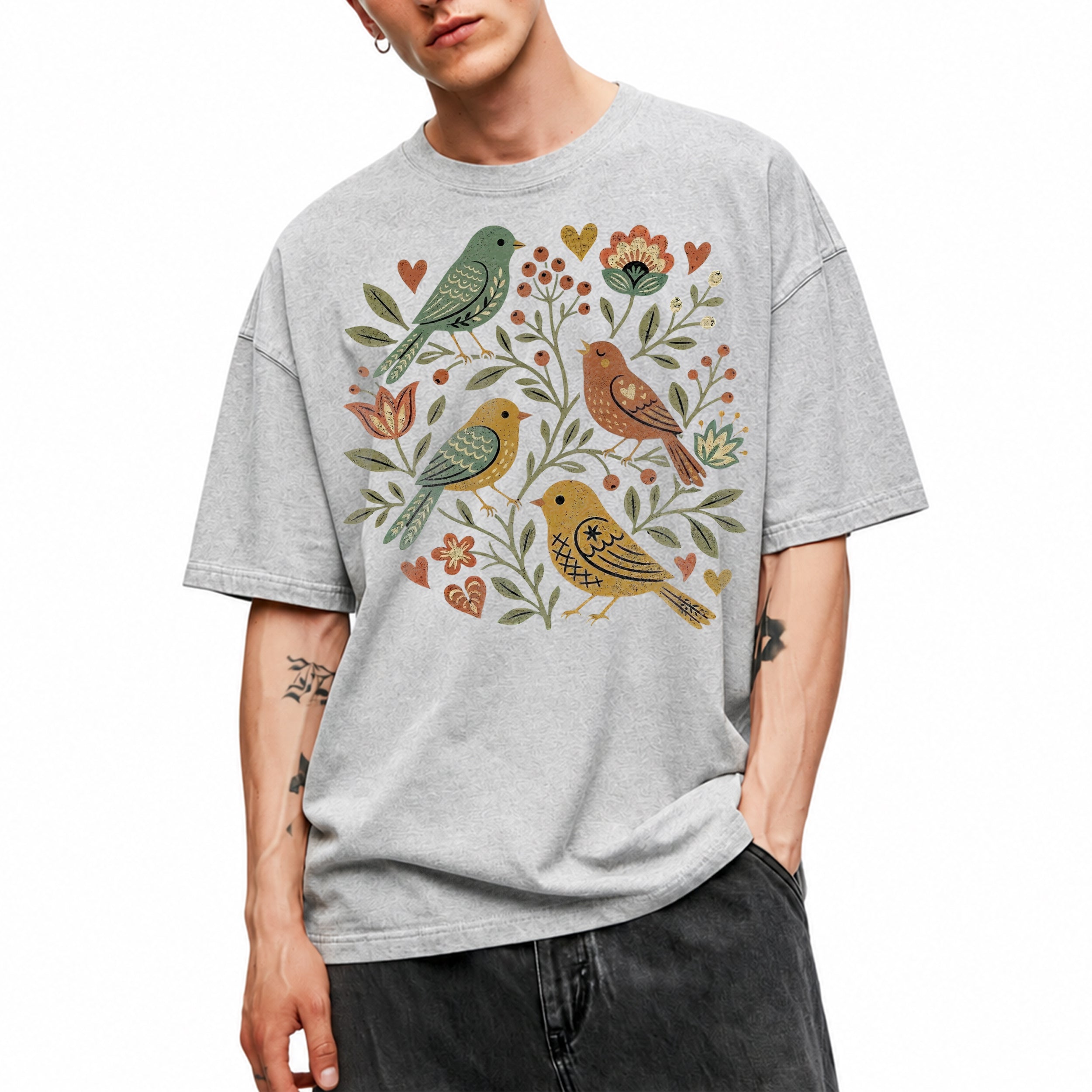 SF_COLOR=sport-grey; SF_ITEM=adult-t-shirt; SF_ROLE=main; Folk Art Birds Flowers Hearts Vintage Style T-Shirt Bird Lover Botanical Tee - Sport Grey Adult T-Shirt product image