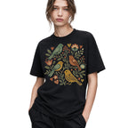SF_COLOR=black; SF_ITEM=adult-t-shirt; SF_ROLE=gallery; Folk Art Birds Flowers Hearts Vintage Style T-Shirt Bird Lover Botanical Tee - Black Adult T-Shirt product image