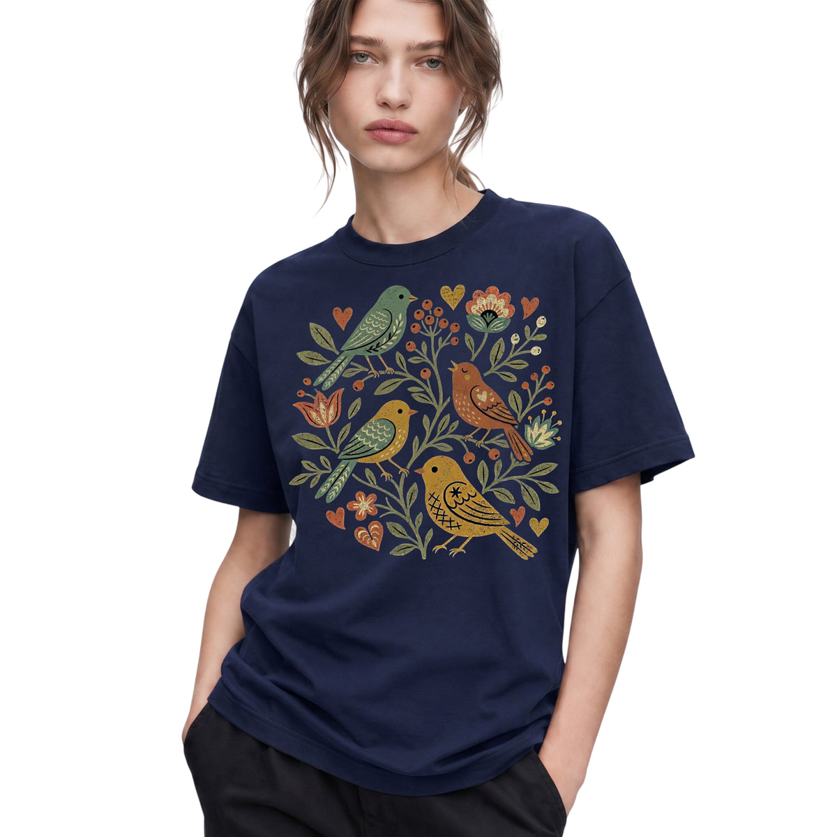 SF_COLOR=navy; SF_ITEM=adult-t-shirt; SF_ROLE=gallery; Folk Art Birds Flowers Hearts Vintage Style T-Shirt Bird Lover Botanical Tee - Navy Adult T-Shirt product image