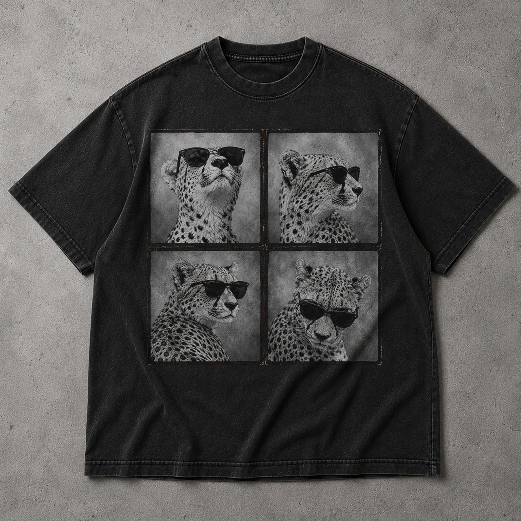 SF_COLOR=black; SF_ITEM=adult-t-shirt; SF_ROLE=main; Four Cheetahs With Sunglasses T-Shirt Funny Safari Animal Humor Pop Art Apparel - Black Adult T-Shirt product image