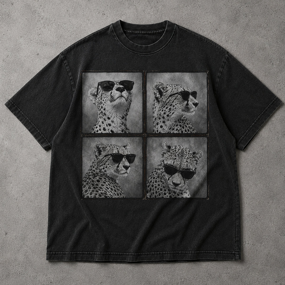 SF_COLOR=black; SF_ITEM=adult-t-shirt; SF_ROLE=main; Four Cheetahs With Sunglasses T-Shirt Funny Safari Animal Humor Pop Art Apparel - Black Adult T-Shirt product image