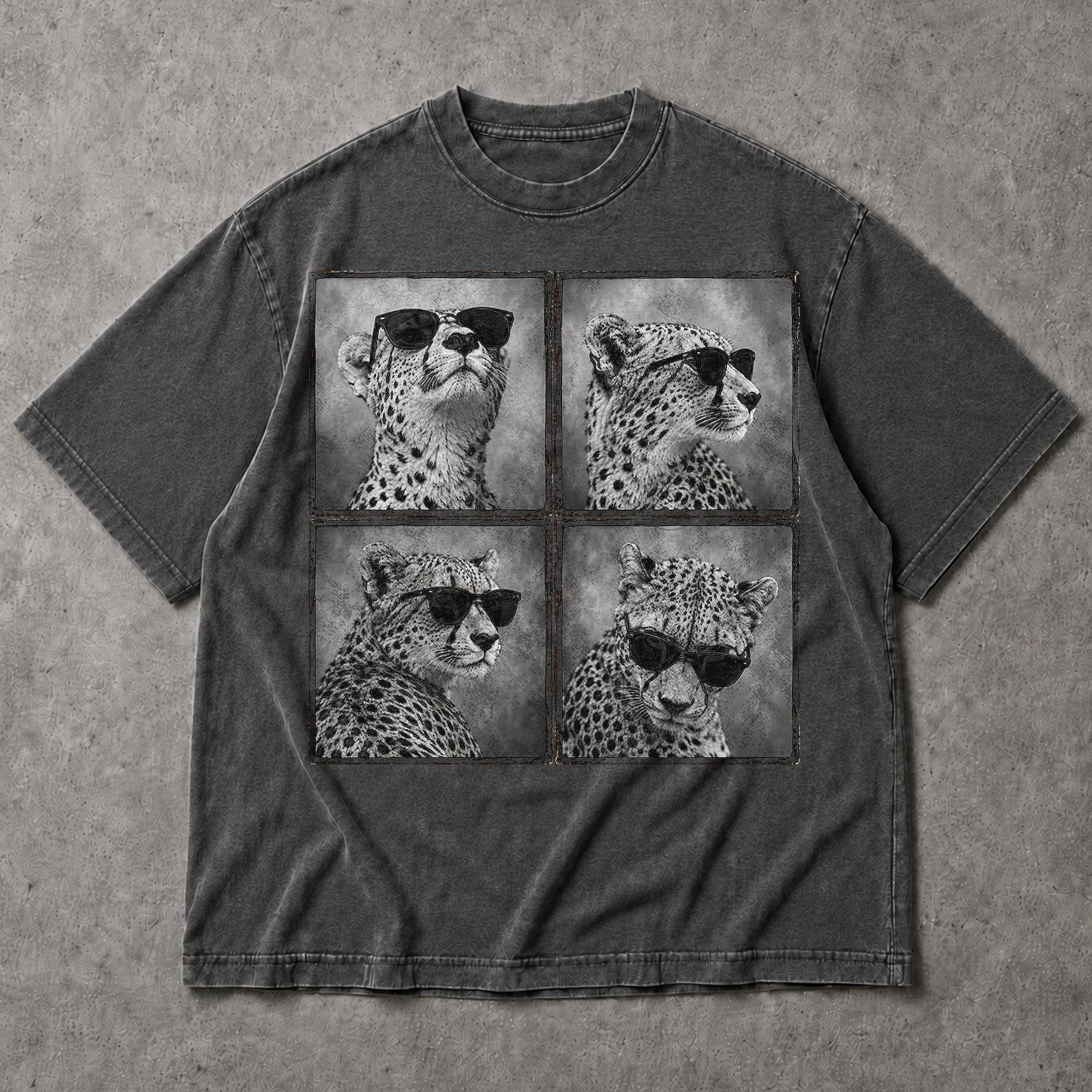 SF_COLOR=dark-heather; SF_ITEM=adult-t-shirt; SF_ROLE=main; Four Cheetahs With Sunglasses T-Shirt Funny Safari Animal Humor Pop Art Apparel - Dark Heather Adult T-Shirt product image
