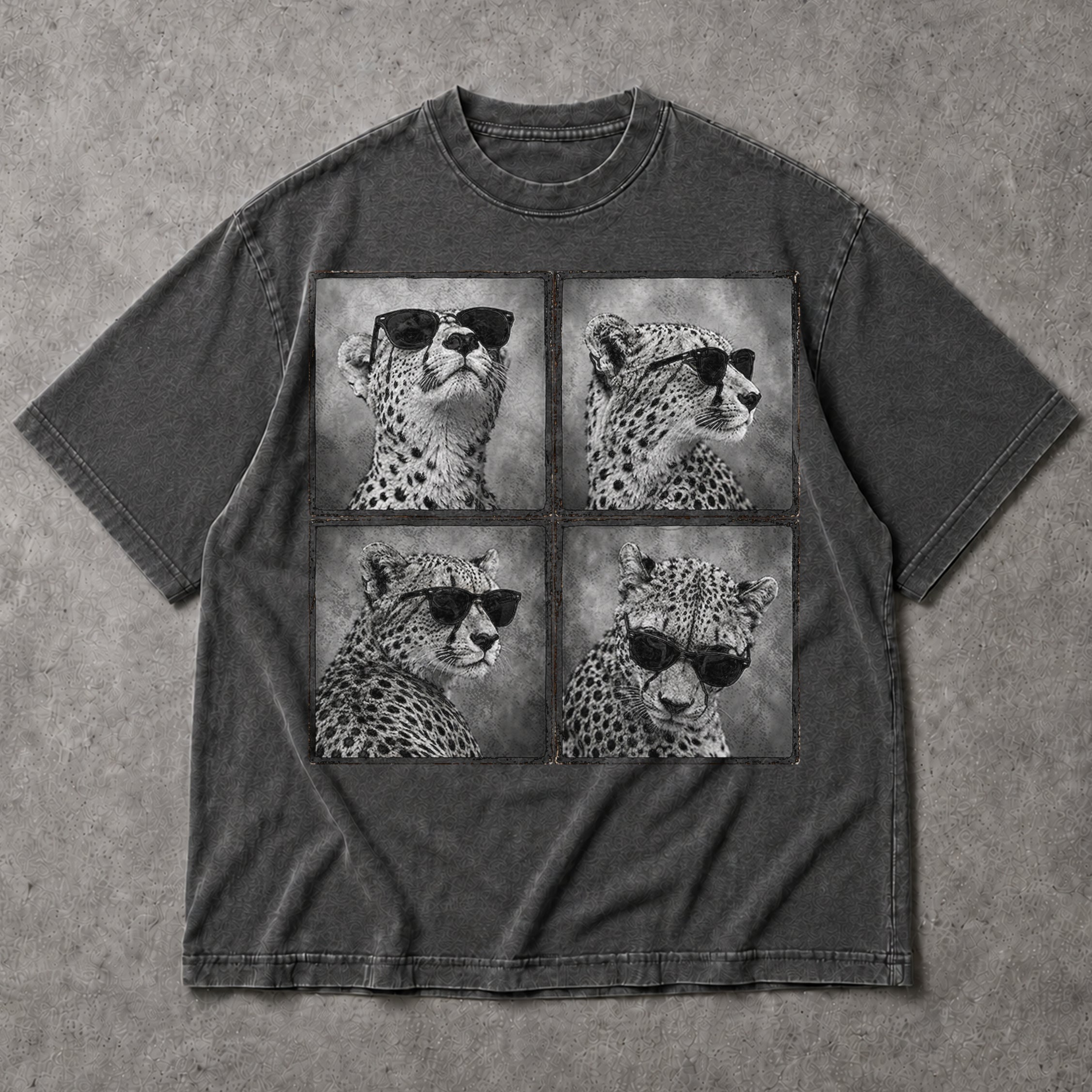 SF_COLOR=dark-heather; SF_ITEM=adult-t-shirt; SF_ROLE=main; Four Cheetahs With Sunglasses T-Shirt Funny Safari Animal Humor Pop Art Apparel - Dark Heather Adult T-Shirt product image