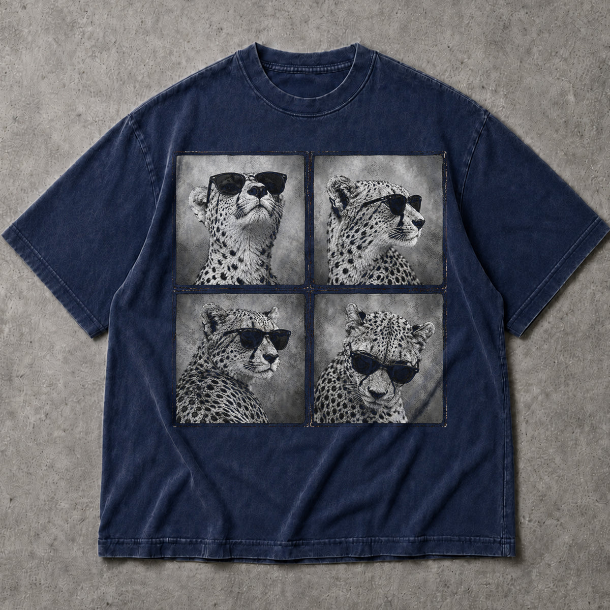 SF_COLOR=navy; SF_ITEM=adult-t-shirt; SF_ROLE=main; Four Cheetahs With Sunglasses T-Shirt Funny Safari Animal Humor Pop Art Apparel - Navy Adult T-Shirt product image