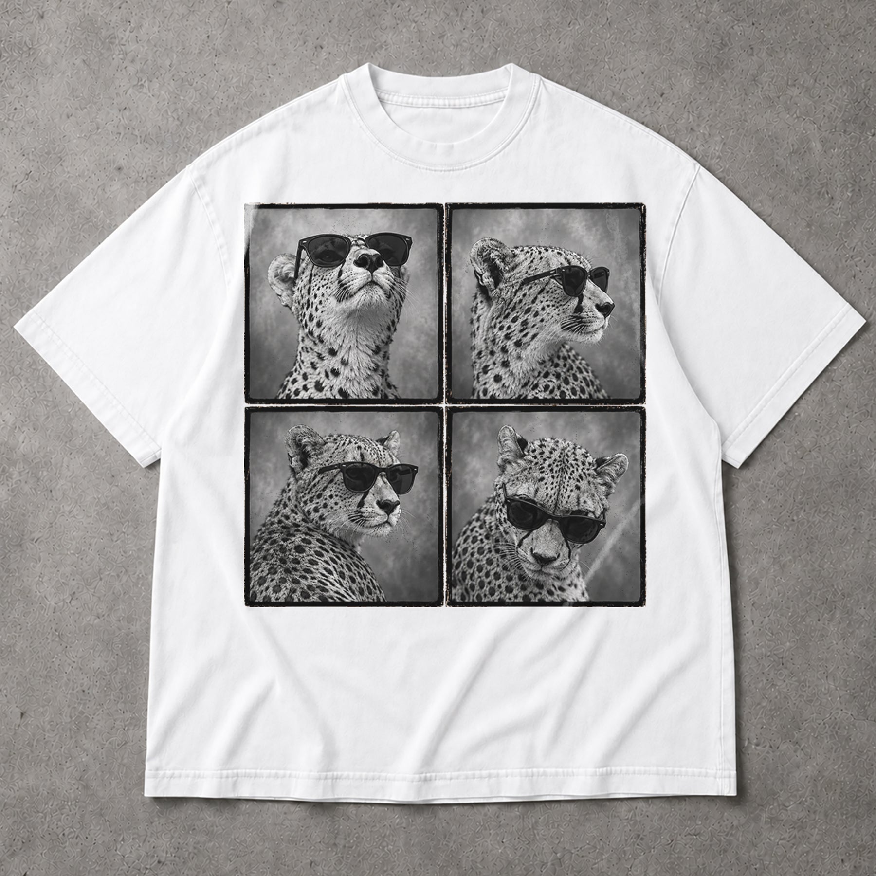 SF_COLOR=white; SF_ITEM=adult-t-shirt; SF_ROLE=main; Four Cheetahs With Sunglasses T-Shirt Funny Safari Animal Humor Pop Art Apparel - White Adult T-Shirt product image
