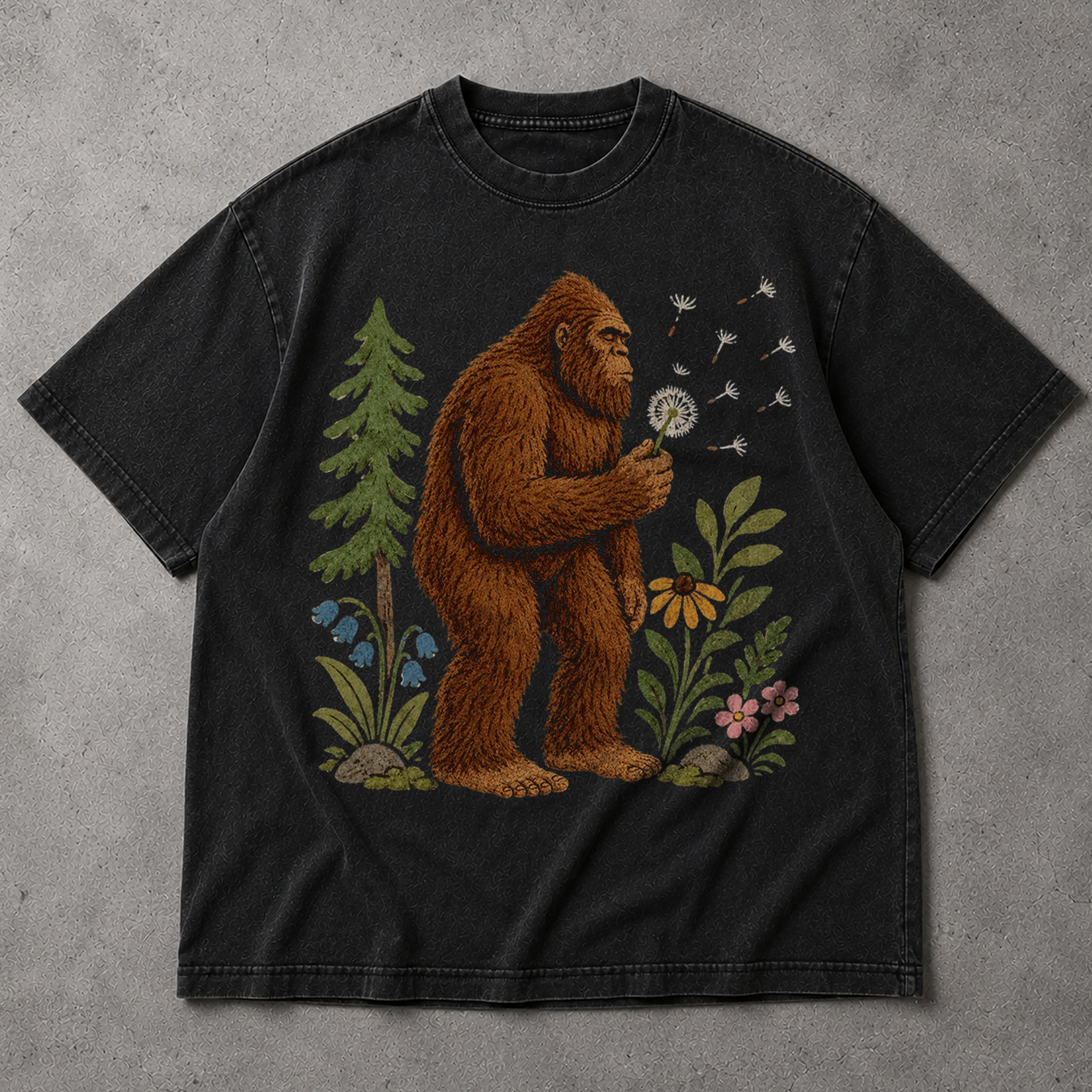SF_COLOR=black; SF_ITEM=adult-t-shirt; SF_ROLE=main; Funny Bigfoot Blowing A Dandelion T-Shirt Retro Floral Sasquatch Outdoors Tee - Black Adult T-Shirt product image