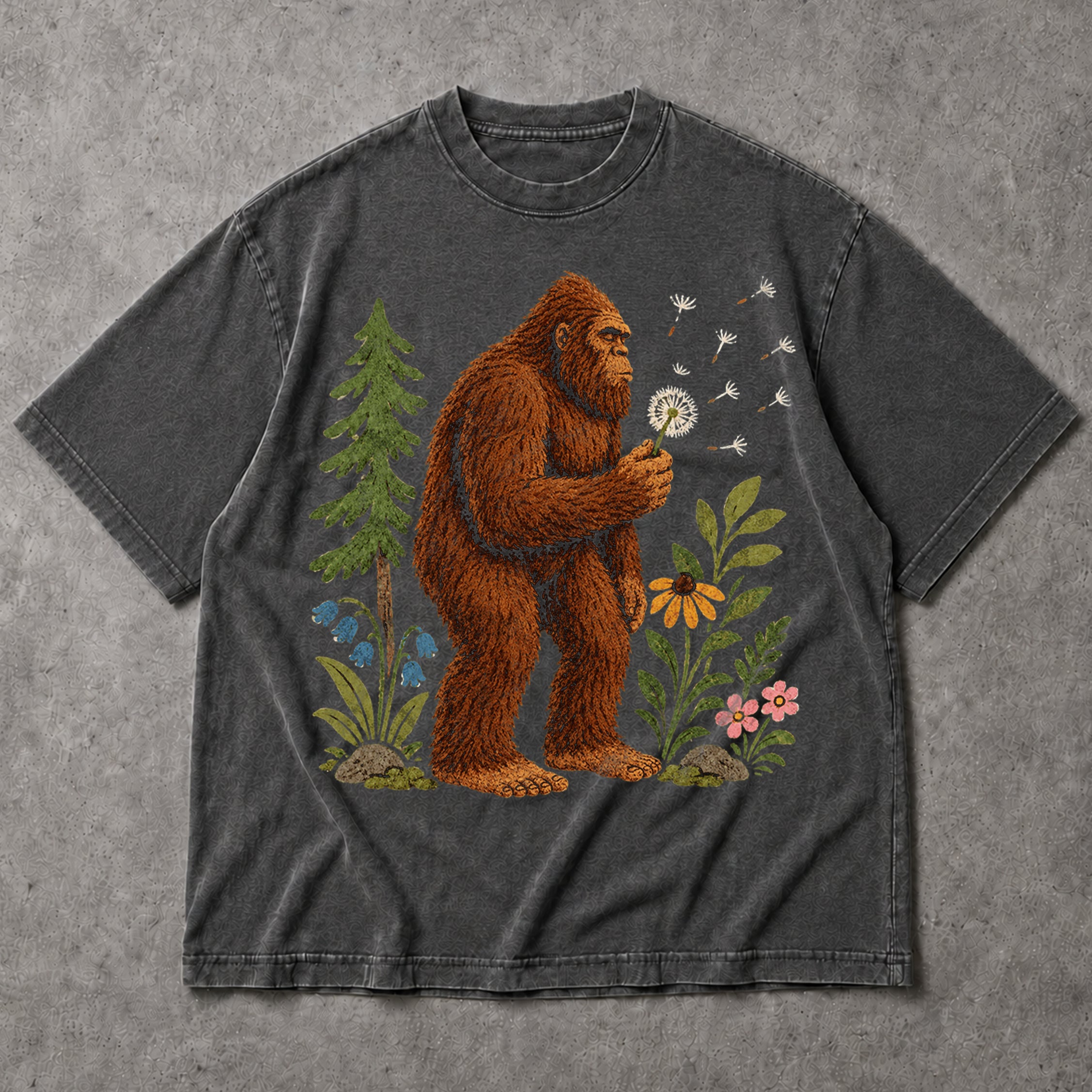 SF_COLOR=dark-heather; SF_ITEM=adult-t-shirt; SF_ROLE=main; Funny Bigfoot Blowing A Dandelion T-Shirt Retro Floral Sasquatch Outdoors Tee - Dark Heather Adult T-Shirt product image