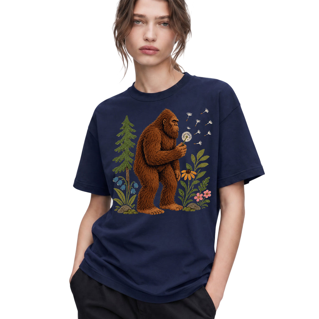 SF_COLOR=navy; SF_ITEM=adult-t-shirt; SF_ROLE=gallery; Funny Bigfoot Blowing A Dandelion T-Shirt Retro Floral Sasquatch Outdoors Tee - Navy Adult T-Shirt product image
