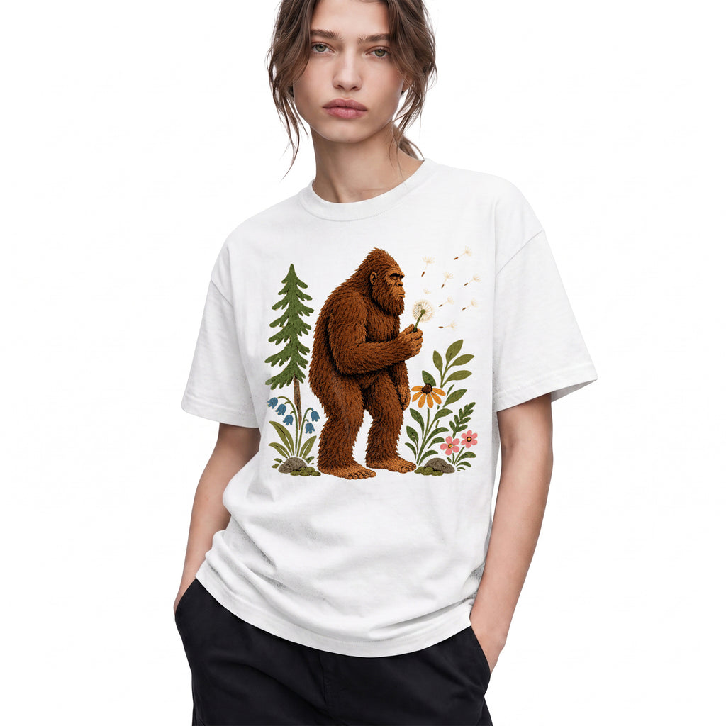 SF_COLOR=white; SF_ITEM=adult-t-shirt; SF_ROLE=gallery; Funny Bigfoot Blowing A Dandelion T-Shirt Retro Floral Sasquatch Outdoors Tee - White Adult T-Shirt product image