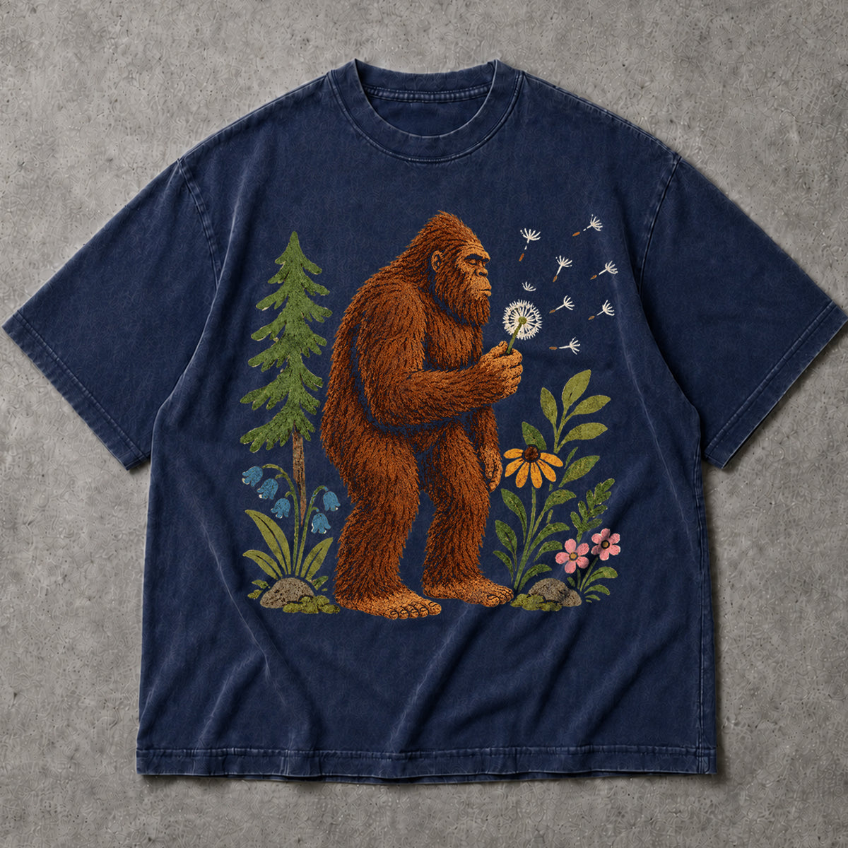 SF_COLOR=navy; SF_ITEM=adult-t-shirt; SF_ROLE=main; Funny Bigfoot Blowing A Dandelion T-Shirt Retro Floral Sasquatch Outdoors Tee - Navy Adult T-Shirt product image
