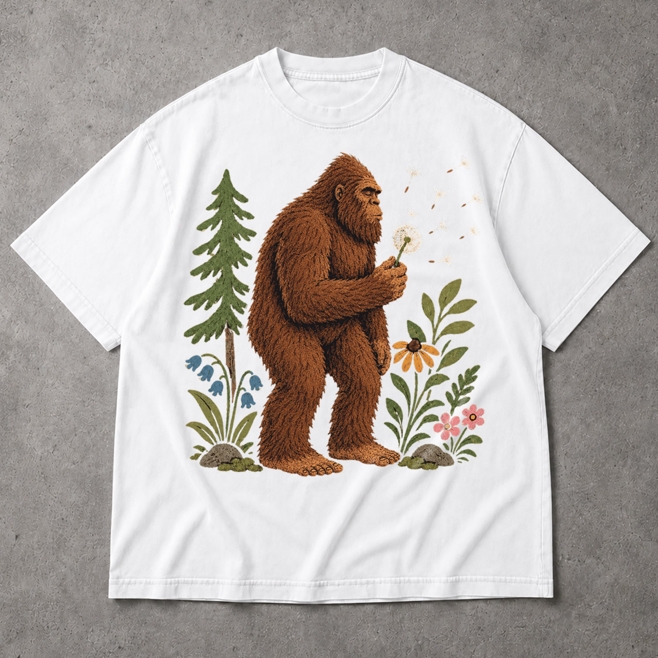 SF_COLOR=white; SF_ITEM=adult-t-shirt; SF_ROLE=main; Funny Bigfoot Blowing A Dandelion T-Shirt Retro Floral Sasquatch Outdoors Tee - White Adult T-Shirt product image