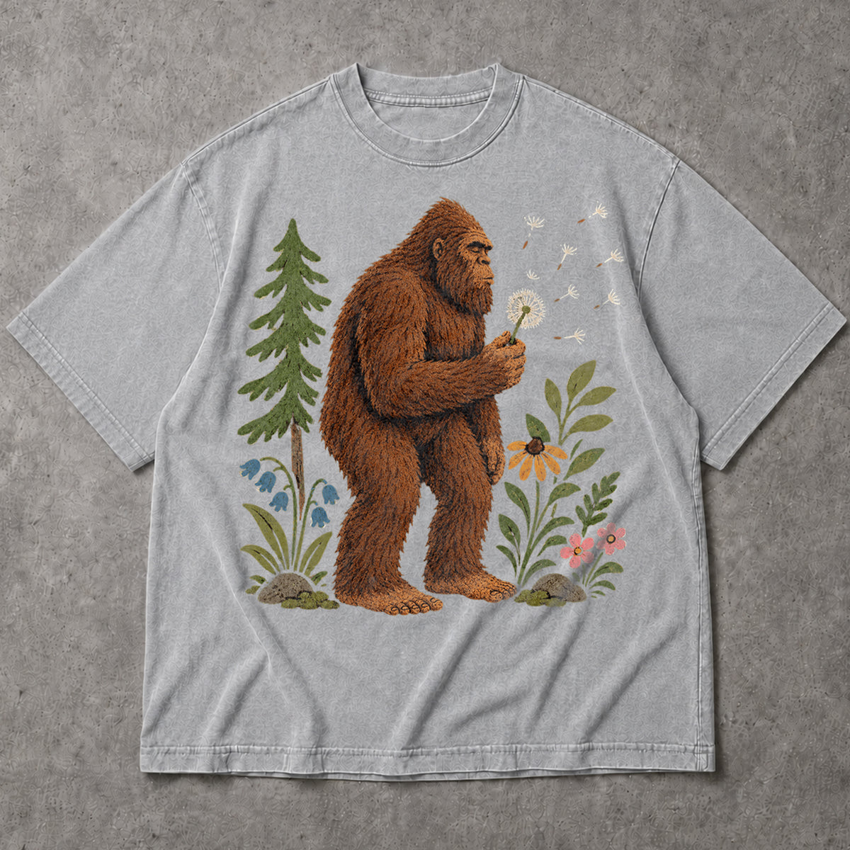 SF_COLOR=sport-grey; SF_ITEM=adult-t-shirt; SF_ROLE=main; Funny Bigfoot Blowing A Dandelion T-Shirt Retro Floral Sasquatch Outdoors Tee - Sport Grey Adult T-Shirt product image