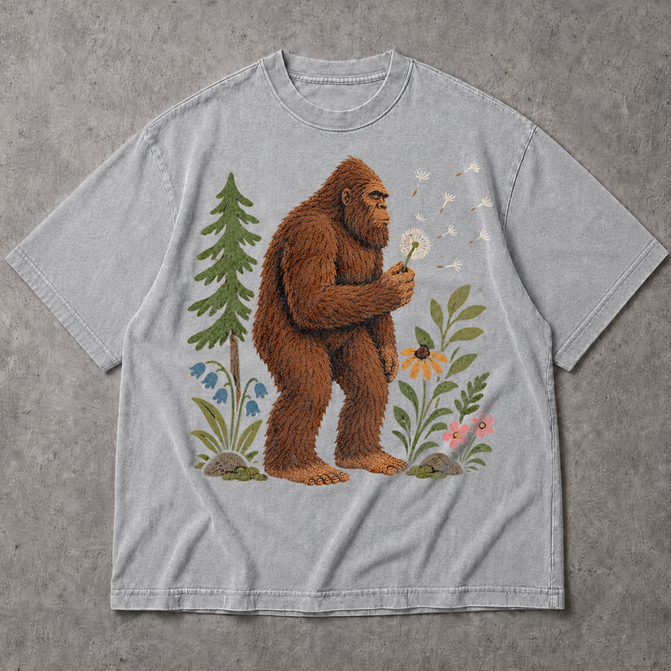 SF_COLOR=sport-grey; SF_ITEM=adult-t-shirt; SF_ROLE=main; Funny Bigfoot Blowing A Dandelion T-Shirt Retro Floral Sasquatch Outdoors Tee - Sport Grey Adult T-Shirt product image