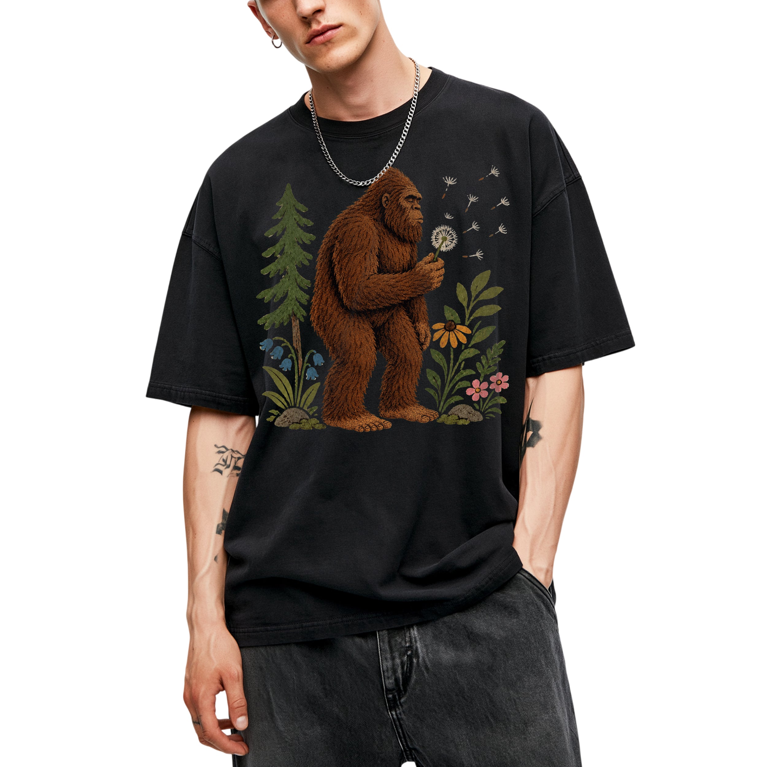 SF_COLOR=black; SF_ITEM=adult-t-shirt; SF_ROLE=gallery; Funny Bigfoot Blowing A Dandelion T-Shirt Retro Floral Sasquatch Outdoors Tee - Black Adult T-Shirt product image