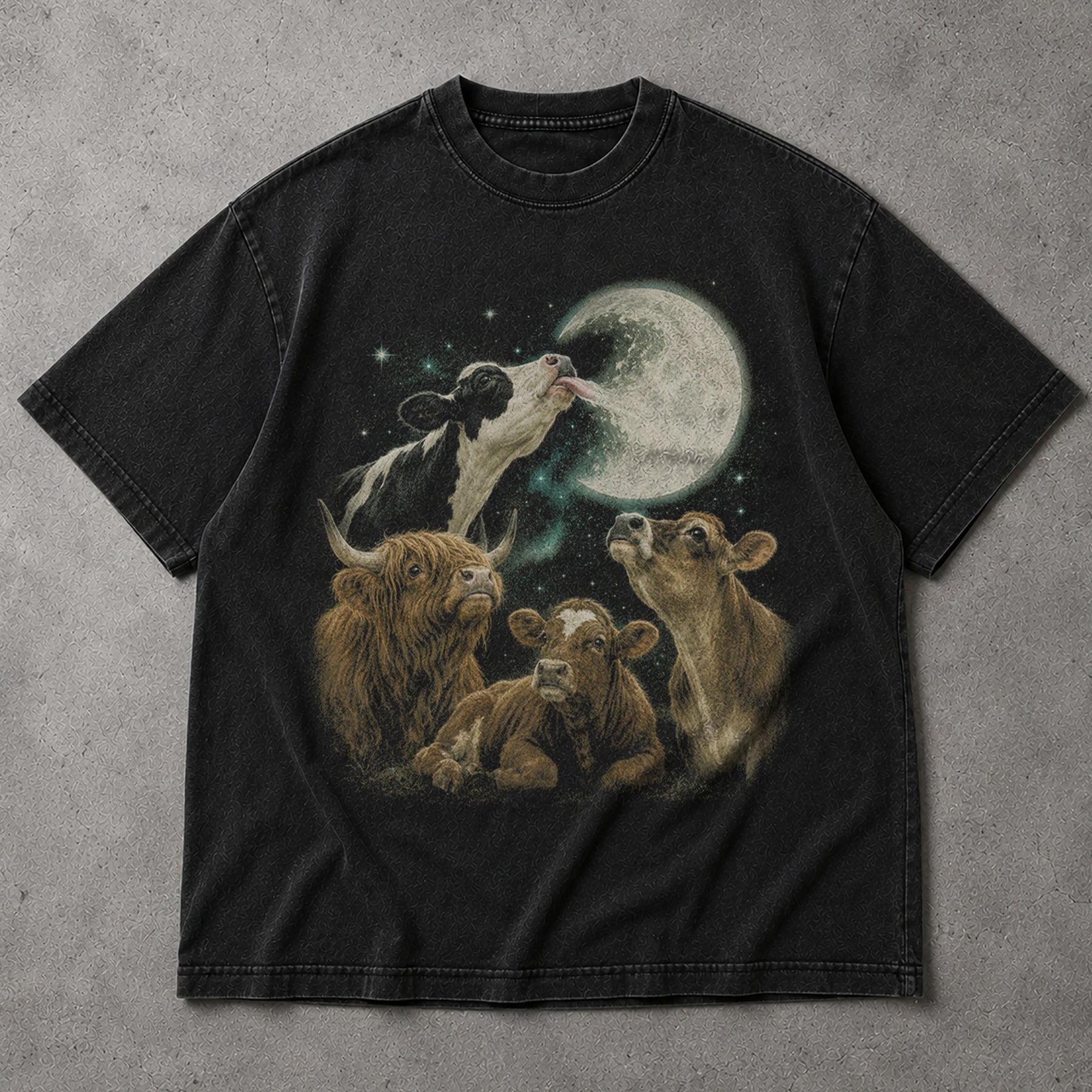 SF_COLOR=black; SF_ITEM=adult-t-shirt; SF_ROLE=main; Funny Cow Licking Moon T-Shirt Surreal Space Astronomy Farm Animal Humor Tee - Black Adult T-Shirt product image
