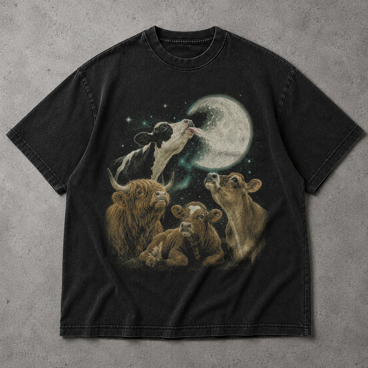 SF_COLOR=black; SF_ITEM=adult-t-shirt; SF_ROLE=main; Funny Cow Licking Moon T-Shirt Surreal Space Astronomy Farm Animal Humor Tee - Black Adult T-Shirt product image