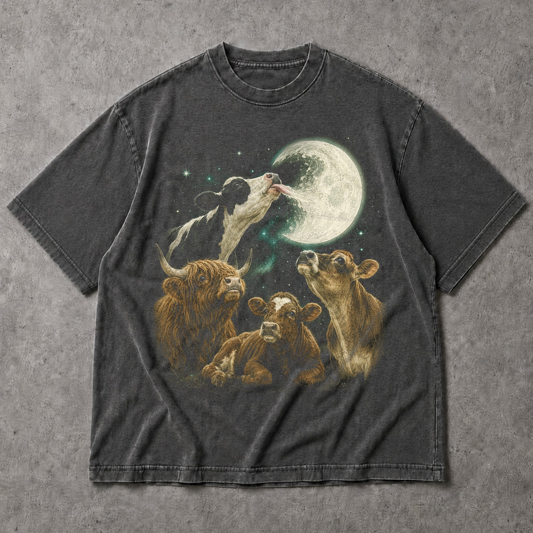 SF_COLOR=dark-heather; SF_ITEM=adult-t-shirt; SF_ROLE=main; Funny Cow Licking Moon T-Shirt Surreal Space Astronomy Farm Animal Humor Tee - Dark Heather Adult T-Shirt product image