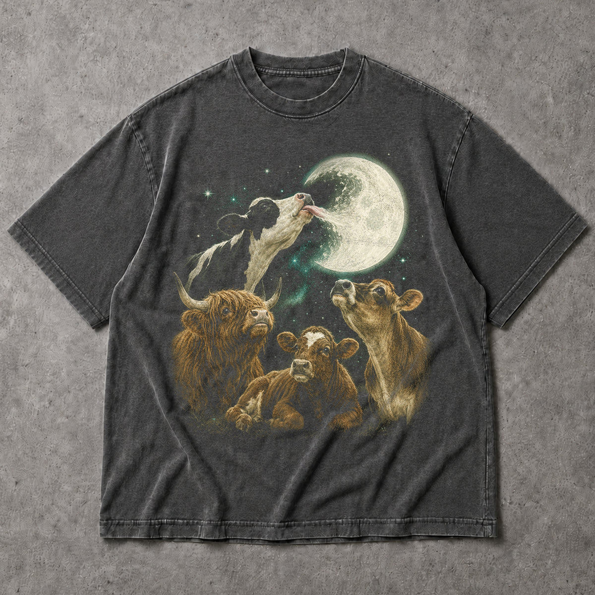 SF_COLOR=dark-heather; SF_ITEM=adult-t-shirt; SF_ROLE=main; Funny Cow Licking Moon T-Shirt Surreal Space Astronomy Farm Animal Humor Tee - Dark Heather Adult T-Shirt product image