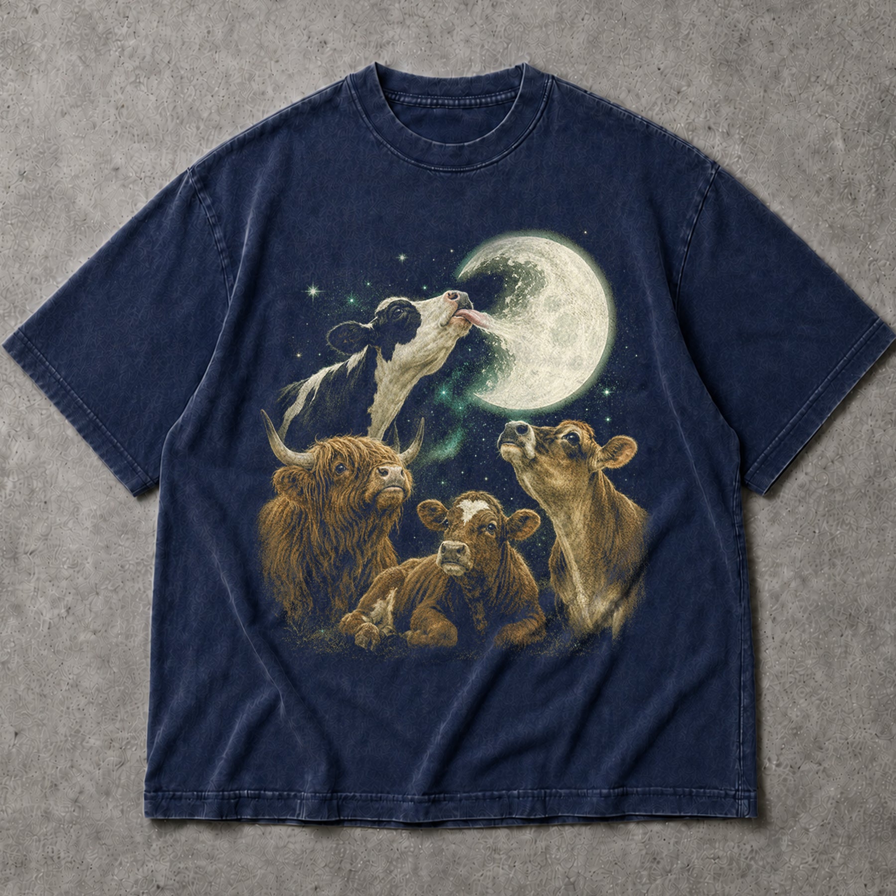 SF_COLOR=navy; SF_ITEM=adult-t-shirt; SF_ROLE=main; Funny Cow Licking Moon T-Shirt Surreal Space Astronomy Farm Animal Humor Tee - Navy Adult T-Shirt product image