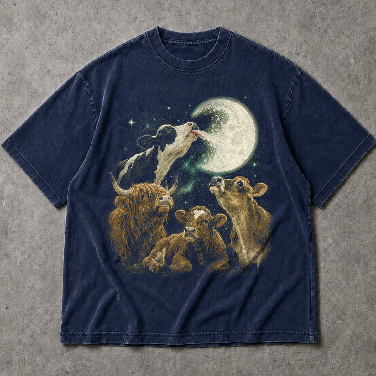 SF_COLOR=navy; SF_ITEM=adult-t-shirt; SF_ROLE=main; Funny Cow Licking Moon T-Shirt Surreal Space Astronomy Farm Animal Humor Tee - Navy Adult T-Shirt product image