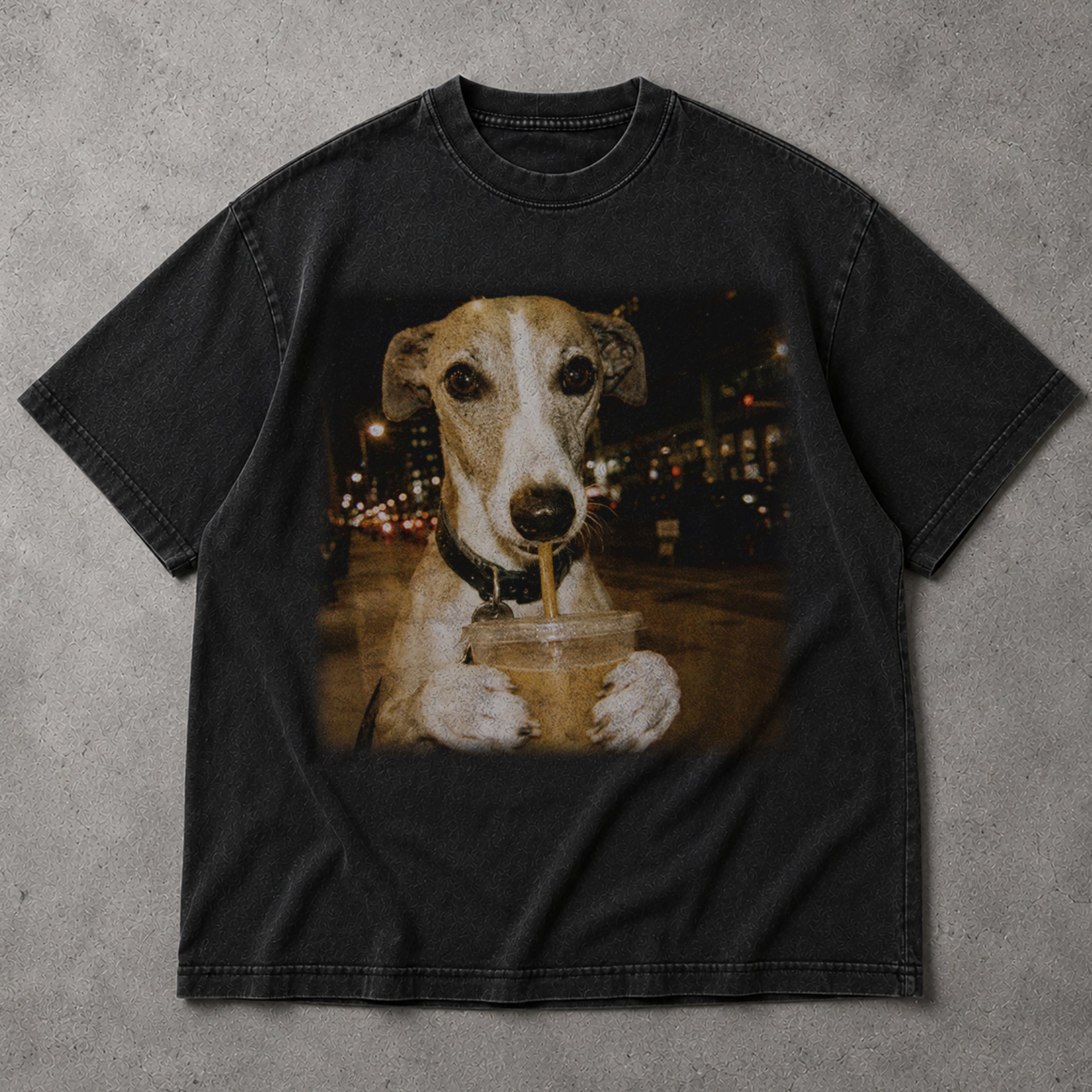 SF_COLOR=black; SF_ITEM=adult-t-shirt; SF_ROLE=main; Funny Dog Drinking Iced Coffee City T-Shirt Urban Street Photography Animal Tee - Black Adult T-Shirt product image
