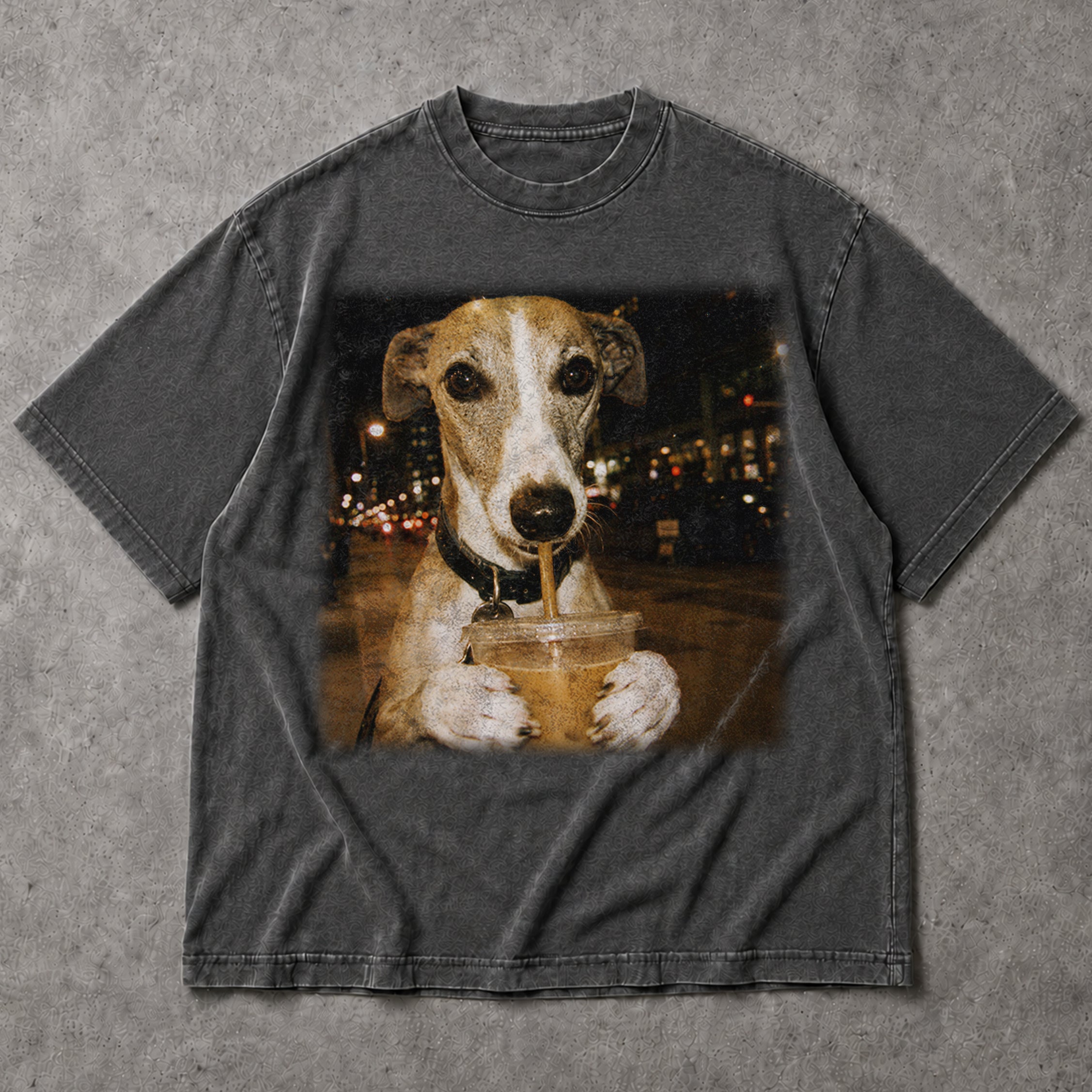 SF_COLOR=dark-heather; SF_ITEM=adult-t-shirt; SF_ROLE=main; Funny Dog Drinking Iced Coffee City T-Shirt Urban Street Photography Animal Tee - Dark Heather Adult T-Shirt product image