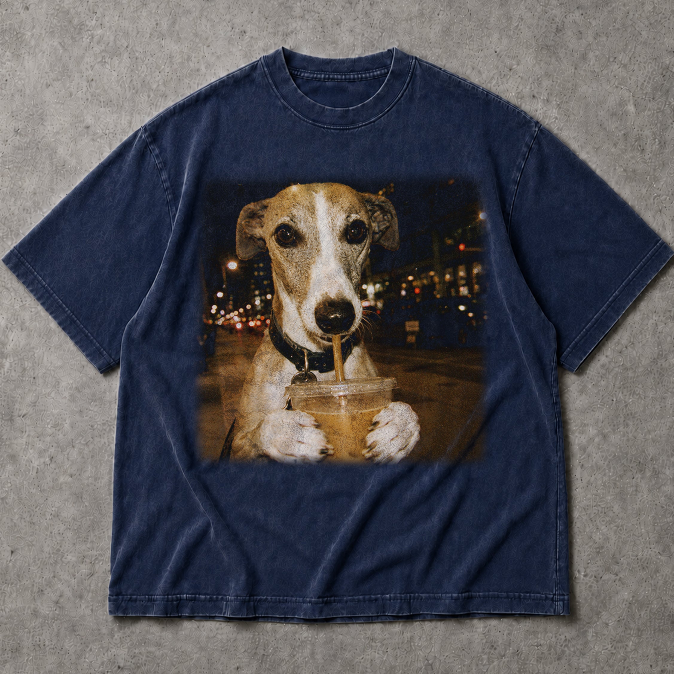 SF_COLOR=navy; SF_ITEM=adult-t-shirt; SF_ROLE=main; Funny Dog Drinking Iced Coffee City T-Shirt Urban Street Photography Animal Tee - Navy Adult T-Shirt product image