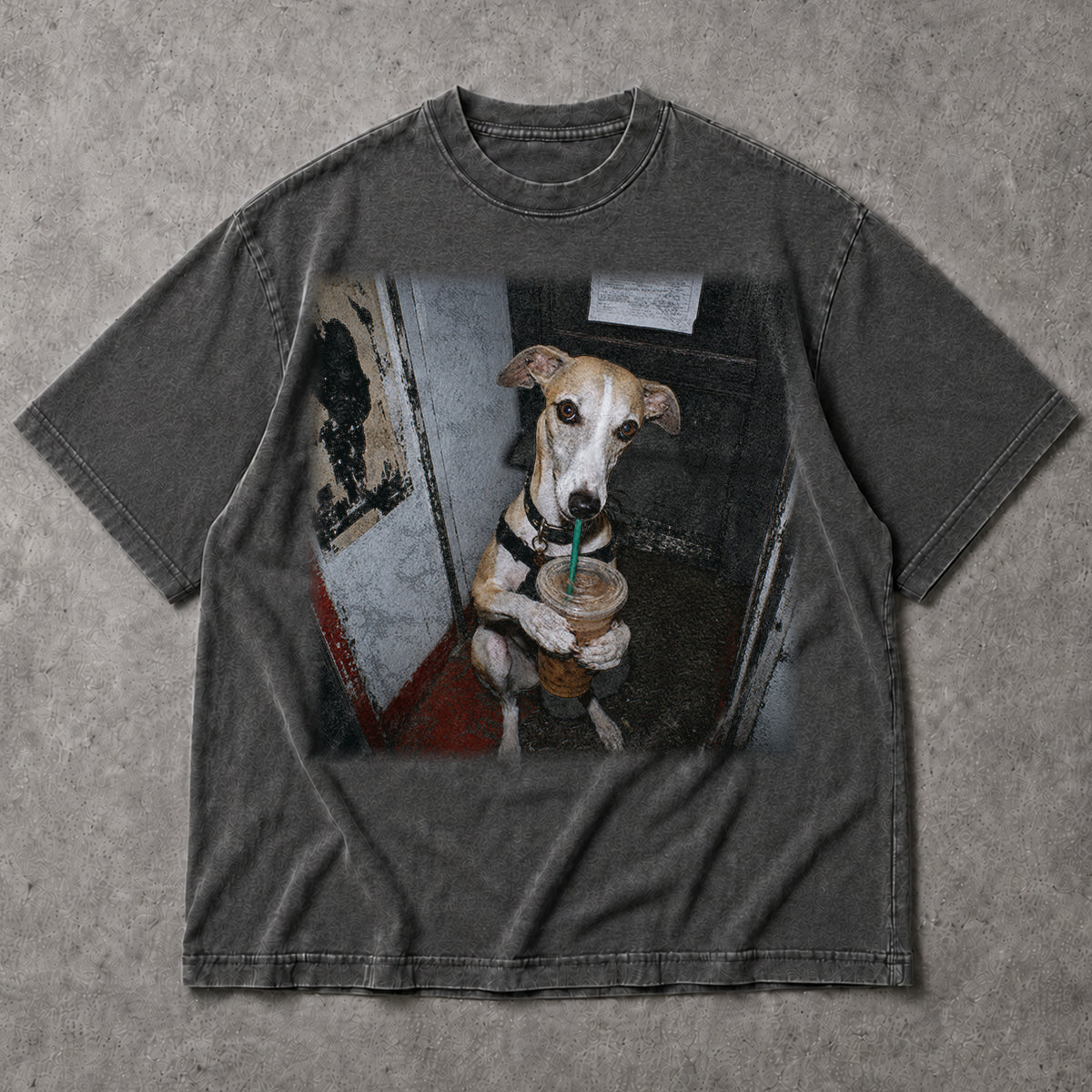 SF_COLOR=dark-heather; SF_ITEM=adult-t-shirt; SF_ROLE=main; Funny Dog Holding Iced Coffee T-Shirt Puppy Caffeine Lover Coffee Addict Apparel - Dark Heather Adult T-Shirt product image