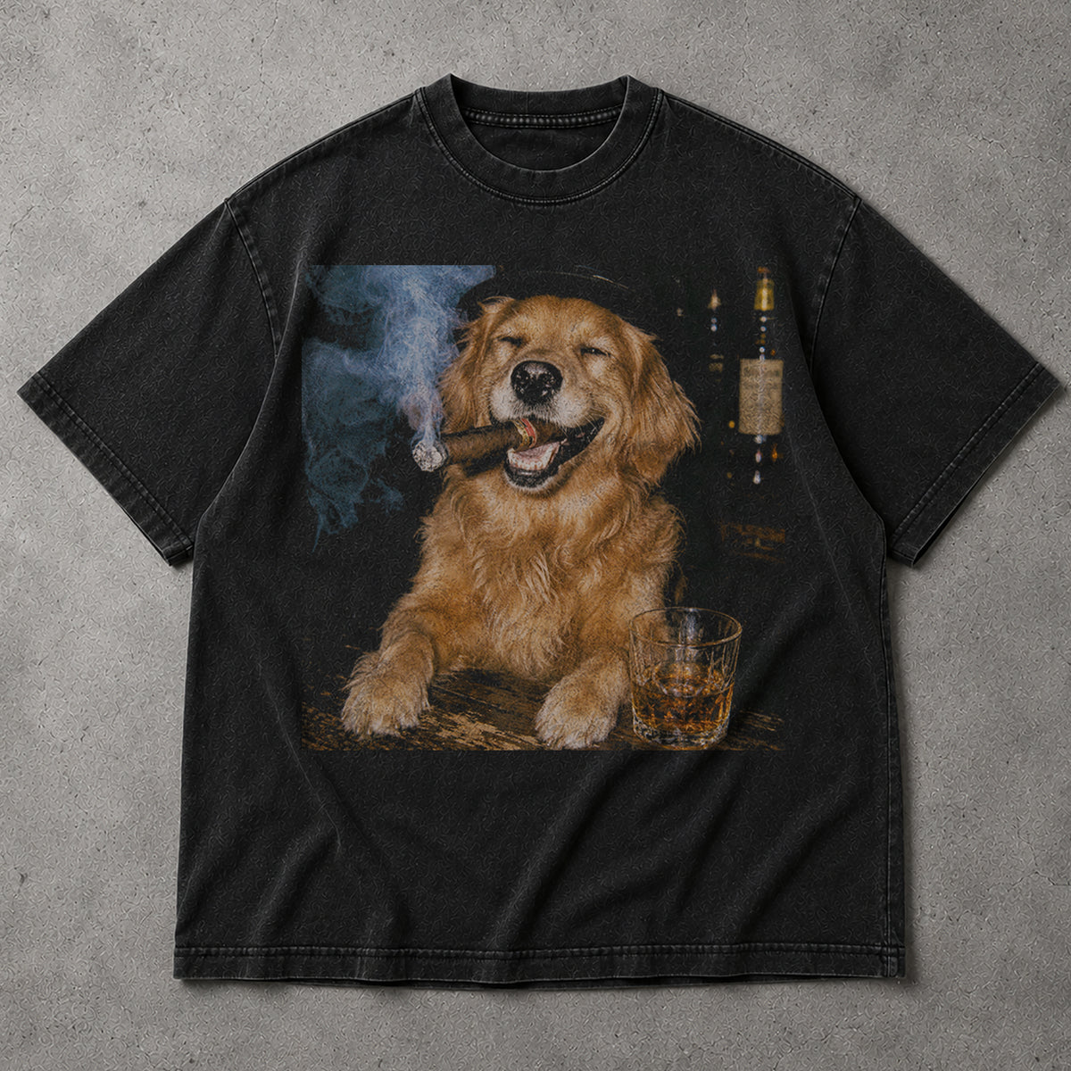 SF_COLOR=black; SF_ITEM=adult-t-shirt; SF_ROLE=main; Funny Dog Smoking Cigar T-Shirt Whiskey Glass Drinking Puppy Bar Lounge Apparel - Black Adult T-Shirt product image