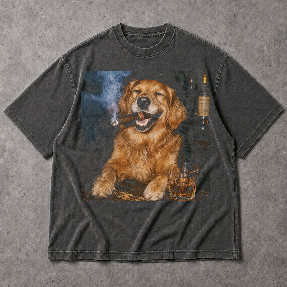 SF_COLOR=dark-heather; SF_ITEM=adult-t-shirt; SF_ROLE=main; Funny Dog Smoking Cigar T-Shirt Whiskey Glass Drinking Puppy Bar Lounge Apparel - Dark Heather Adult T-Shirt product image