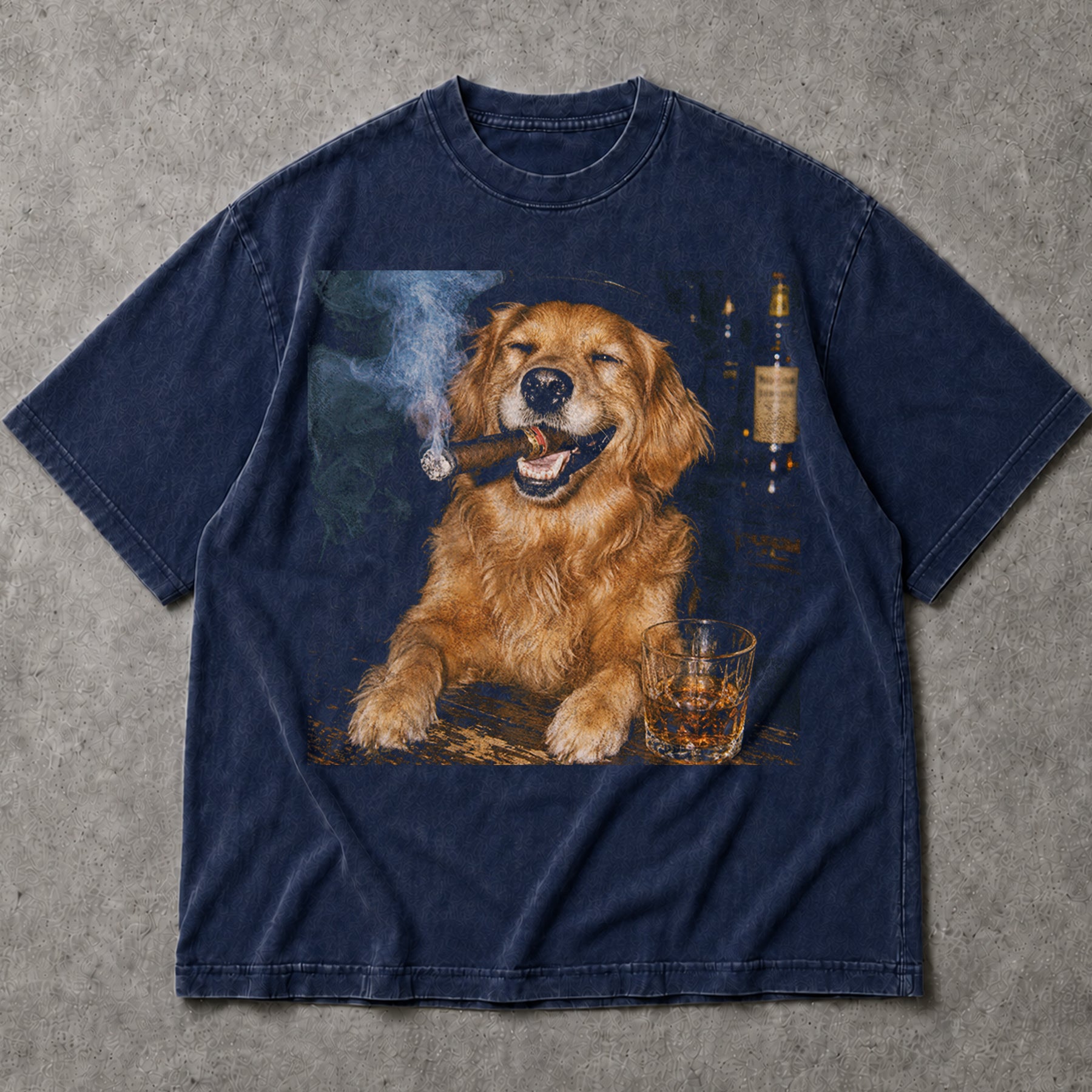 SF_COLOR=navy; SF_ITEM=adult-t-shirt; SF_ROLE=main; Funny Dog Smoking Cigar T-Shirt Whiskey Glass Drinking Puppy Bar Lounge Apparel - Navy Adult T-Shirt product image