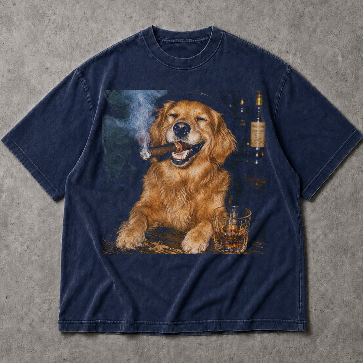 SF_COLOR=navy; SF_ITEM=adult-t-shirt; SF_ROLE=main; Funny Dog Smoking Cigar T-Shirt Whiskey Glass Drinking Puppy Bar Lounge Apparel - Navy Adult T-Shirt product image