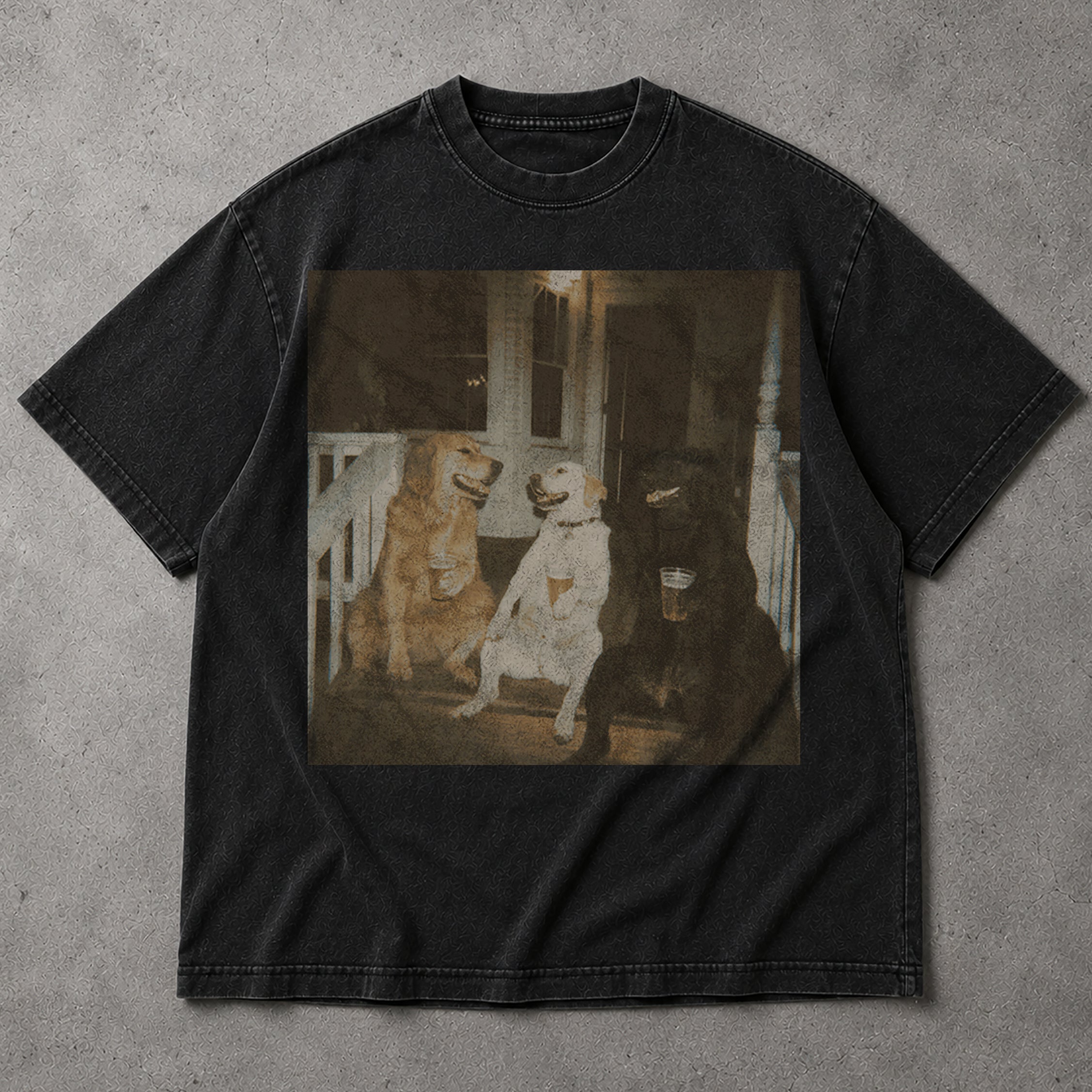 SF_COLOR=black; SF_ITEM=adult-t-shirt; SF_ROLE=main; Funny Dogs Drinking Beer On A Porch T-Shirt Vintage Retro Animal Humors Tee - Co - Black Adult T-Shirt product image