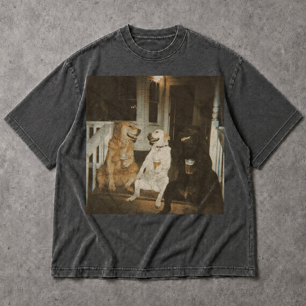 SF_COLOR=dark-heather; SF_ITEM=adult-t-shirt; SF_ROLE=main; Funny Dogs Drinking Beer On A Porch T-Shirt Vintage Retro Animal Humors Tee - Co - Dark Heather Adult T-Shirt product image