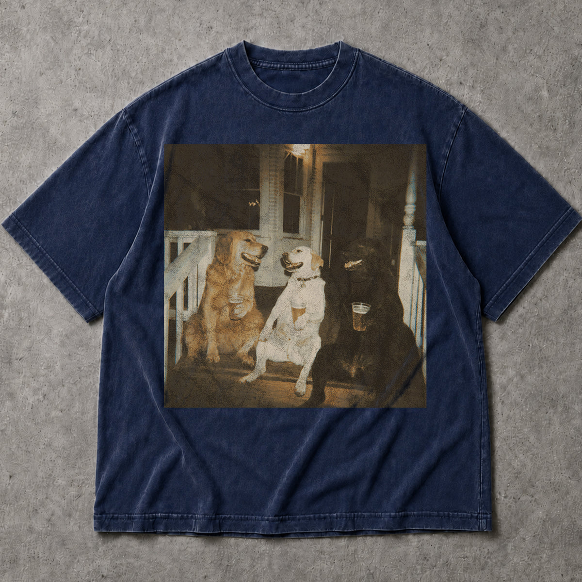 SF_COLOR=navy; SF_ITEM=adult-t-shirt; SF_ROLE=main; Funny Dogs Drinking Beer On A Porch T-Shirt Vintage Retro Animal Humors Tee - Co - Navy Adult T-Shirt product image