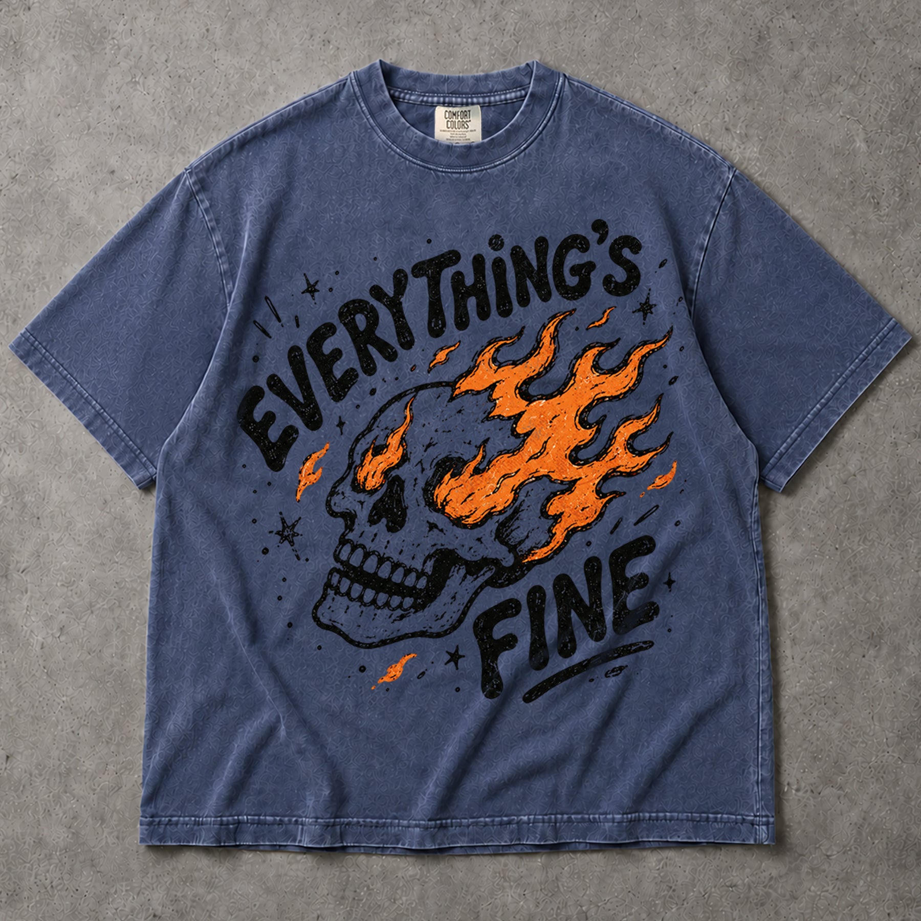 SF_COLOR=sport-grey|denim; SF_ITEM=adult-t-shirt; SF_ROLE=main; Funny Everythings Fine Burning Skull T-Shirt Sarcastic Goth Dark Humor Tee - Sport Grey, Denim Adult T-Shirt product image