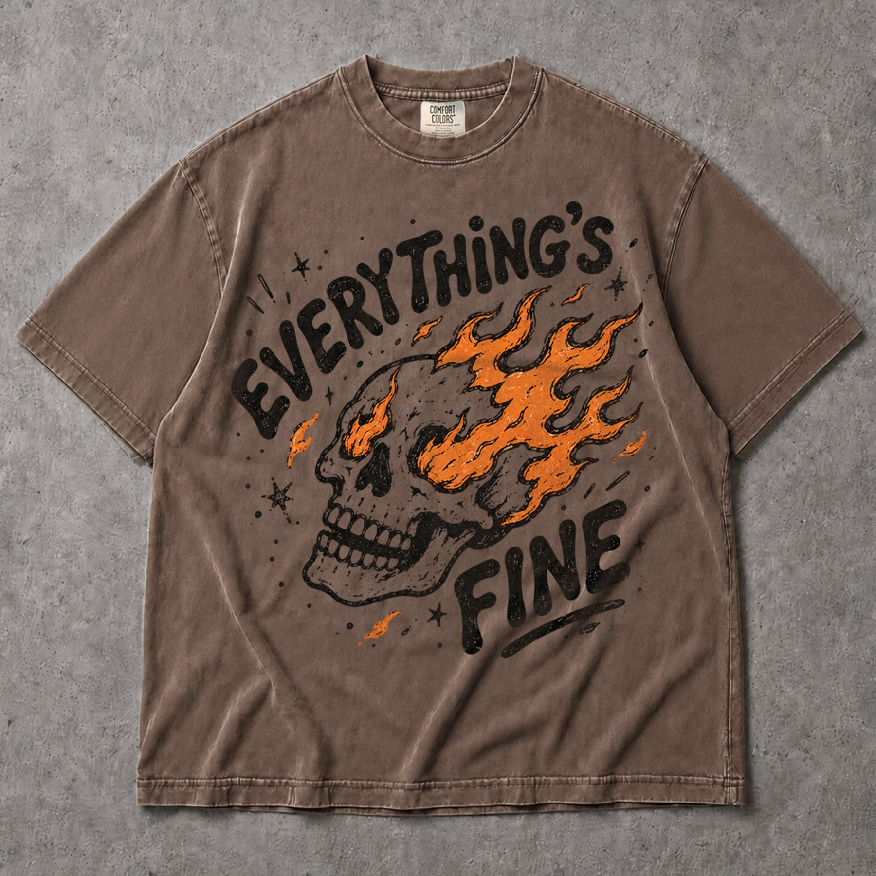 SF_COLOR=sport-grey|espresso; SF_ITEM=adult-t-shirt; SF_ROLE=main; Funny Everythings Fine Burning Skull T-Shirt Sarcastic Goth Dark Humor Tee - Sport Grey, Espresso Adult T-Shirt product image